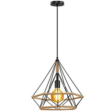 Imagem de YQSLQZZ E27 Lustre de corda de cânhamo americano de cabeça única, retrô, preto, ferro forjado, bar, restaurante, casa de família, luminária decorativa, corda de 80 cm (não ajustável)