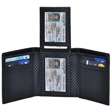 Imagem de Carteira masculina de couro RFID com bolso frontal, 9 cartões de crédito, 2 carteira fina com dobra tripla, Fibra de carbono preta 01, Small, Carteira RFID