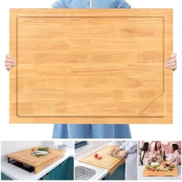 Imagem de Tábua de corte de madeira maciça extra grande de 81 x 59,7 cm – Placa de corte 2 em 1 sobre a pia e tampa de fogão a gás com pernas destacáveis e ranhura de suco – Ideal para cozinha (modelo 1)