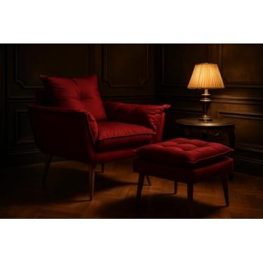 Imagem de Poltrona Decorativa com Puff, Estilo Moderno, Conjunto de Cadeira e Apoio para Pés, para Sala de Estar, Recepção, Quarto, Penteadeira e Closet (Vermelho)