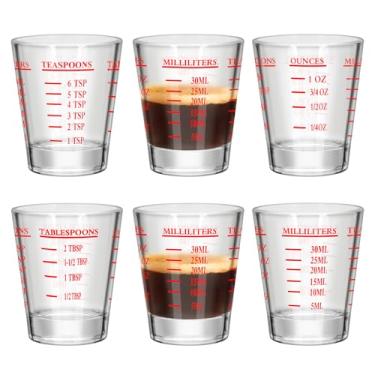 Imagem de 6 peças de copos de dosagem copo de medição de café expresso, vidro pesado líquido, 26 medições incrementais, 28,3 g, 2 TBS, 6 colheres de chá, utensílios de cozinha de 30 ml (6, vermelho)