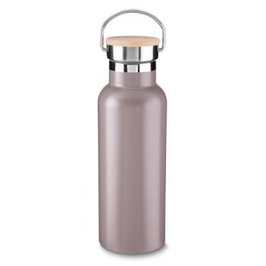 Imagem de Garrafa Térmica Premium, 500ml, Aço Inox, Parede Dupla Isolada a Vácuo, Tampa de Bambu, Alça Metálica, Acabamento Fosco, Conservação 8-12 Horas (Marrom)