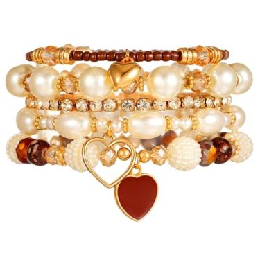 Imagem de Adoshine Conjunto de 5 pulseiras boêmias empilháveis com contas para mulheres, multicoloridas, elásticas, com pérola, coração, cristal, elástico, multicamadas, feitas à mão, amizade, férias, praia