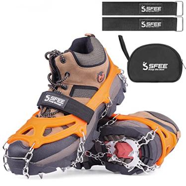 Imagem de Sfee Ice Snow Grips Crampons Traction Cleats Spikes 19 pontas para mulheres masculinas, antiderrapante, corrente de aço inoxidável, calçados flexíveis para caminhada, escalada, caminhada e pesca ao ar livre, Laranja, Medium(US:5-8)