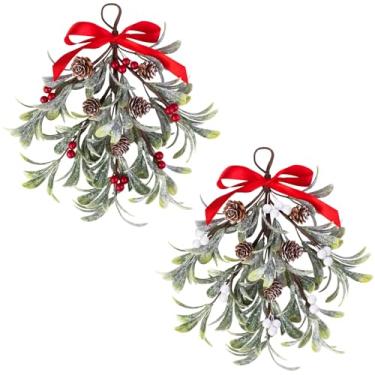 Imagem de Mntrprko Decoração artificial de visco de Natal 30,5 cm buquê gigante de beijo de visco para decorações de guirlanda floral de Natal (2, vermelho, branco)