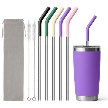 Imagem de Diumepo Canudos de aço inoxidável para copo Yeti de 590 ml, 5 canudos de metal reutilizáveis com ponta de silicone para copo Stanley de 590 ml e copo de vidro de 473 ml, escova de limpeza, 1 bolsa