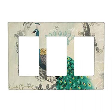 Imagem de Tampa de interruptor de luz decorativa vintage pavão três entradas, 3 entradas decorador placa de parede tampa de tomada receptáculo tampa de saída, tamanho 4,5" x 6,38" polegadas