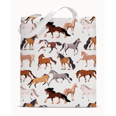 Imagem de Bolsa feminina de lona de cavalo, presente para amantes de cavalos, linda estética reutilizável, bolsa de ombro para compras, viagens, academia