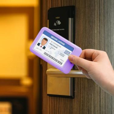 Imagem de Pacote com 3 porta-crachás de identificação vertical com clipe deslizante – protetor de cartão de plástico branco durável, capa transparente para cartões de acesso ao escritório, chaves, licenças e