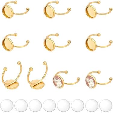 Imagem de 10 conjuntos de anéis de punho aberto de aço inoxidável 304 faça-você-mesmo meia cúpula redonda 304 kits de fabricação de joias tamanho EUA 8 1/2 bandeja dourada 10 mm para fabricação de joias DIY e