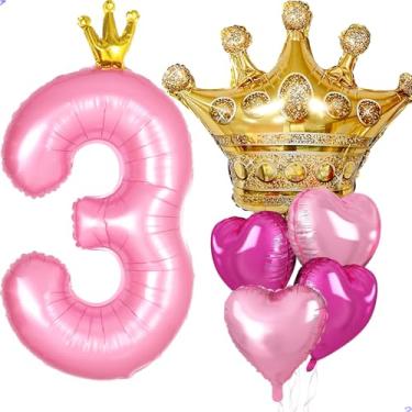 Imagem de Decorações de festa de 3º aniversário de princesa, coroa rosa grande de 101,6 cm, 3 balões para meninas, decorações de aniversário de princesa real, lembrancinhas de festa, aniversários (balão de