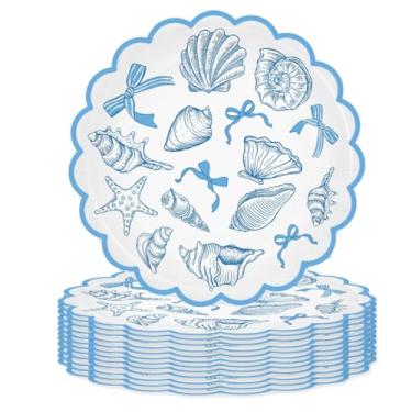 Imagem de FYSUIMU 50 peças, laço, oceano, prato descartável, 23 cm, pratos descartáveis, laço azul, concha, estrela-do-mar, jantar, sobremesa, pratos para verão, aniversário, chá de bebê, festa, utensílios de