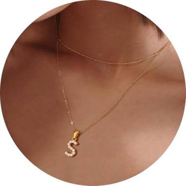 Imagem de Colar feminino com inicial CZ em camadas, pingente delicado de letra A a Z, joia banhada a ouro de corrente dupla, presente personalizado, 14+2in/16+2in, Aço inoxidável, Sem Pedra Preciosa