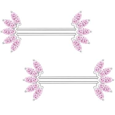 Imagem de TRBR Piercing de mamilo de pétalas de flor rosa CZ 14G, ouro / prata anéis de mamilo aço cirúrgico para mulheres e homens, anéis de barra de proteção de mamilo de pedra preciosa, calibre 14 A par
