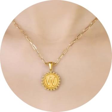 Imagem de Colar com inicial para mulheres, colar com pingente de letra, corrente de clipe de papel, joia de monograma, moeda do alfabeto, pronto em camadas, 14+2in, Aço inoxidável, Sem Pedra Preciosa