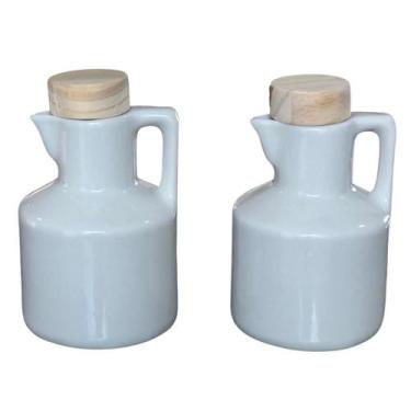 Imagem de Kit Galheteiro de Azeite e Vinagre em Porcelana com Tampas de Pinus - 