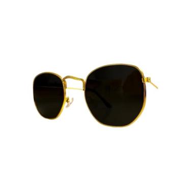 Imagem de Óculos de Sol Hexagonal Feminino e Masculino com Lente Escura Uv 400 e Armação Metal + Caixinha Preta(Dourado C/Lente Preta)