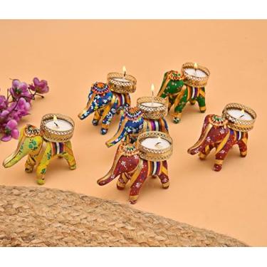 Imagem de ARTISENIA Conjunto de 6 castiçais de elefante Tealight | Suporte multicolorido feito à mão para decoração de Diwali, Natal, festival e decoração de casa | Suporte de vela decorativo elefante T-Light