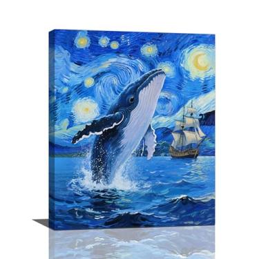 Imagem de Arte de parede de baleia noturna estrelada em tela baleia jubarte decoração de parede pinturas famosas impressão oceano costal imagens emolduradas decorações de arte para sala de estar quarto banheiro