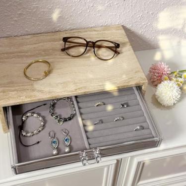 Imagem de Artisanal Abode Caixa de joias travertino natural com organizadores de 2 ou 3 gavetas, armazenamento forrado de veludo para anéis e colares (Grande-2)