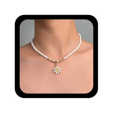 Imagem de Allereyae Boho Colar de contas de arroz branco com pingente de margarida, colar de gargantilha com contas de sementes, colares de gota floral, margarida, gargantilha de festa, formatura, joia feminina