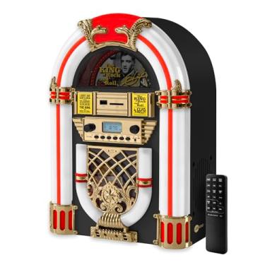 Imagem de Arkrocket Athena Mini Jukebox/altifalante Bluetooth/rádio/USB e leitor de cartões SD com sistema de iluminação LED retro (preto dourado)