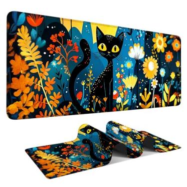 Imagem de ANNA QUEEN Mouse pad grande para jogos, protetor de mesa de escritório, mousepad com base de borracha antiderrapante para casa/decoração (80 x 30 cm / 35 x 15,7 polegadas) (gato preto em flores, 80 x