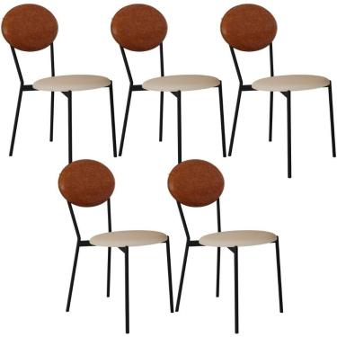 Imagem de Kit 05 Cadeiras Estofada Para Sala De Jantar Azuri Preto C01 Linho Areia Courino Caramelo - Lyam Decor