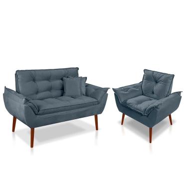 Imagem de Kit 01 Poltrona Opala + 01 Namoradeira Opala + 02 Almofadas Suede Azul Turquesa