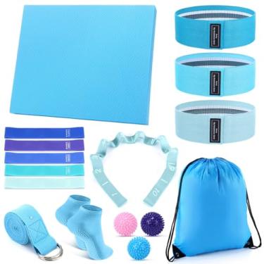 Imagem de Halloscume Kit de 16 peças de pilates caseiro para mulheres, faixa de resistência, faixa de alongamento, meias antiderrapantes, bolas de fáscia de ioga, cinto elástico em seções, almofadas