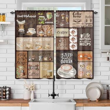 Imagem de TOLTUQE Cortinas de cozinha de café rústicas – Cortinas de janela vintage com estampa de xícara de feijão de café para varão, para sala de jantar em casa, tratamento de janela de poliéster com filtro