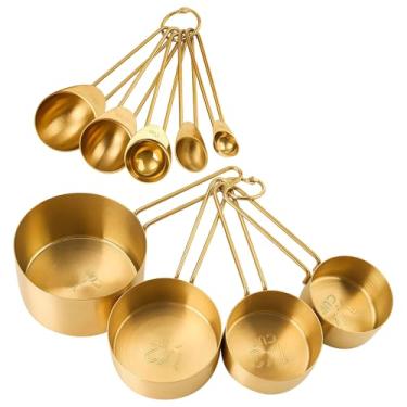 Imagem de Conjunto de 9 peças de copos e colheres de medição de aço inoxidável, banhado a ouro com marcas de medição transparentes, inclui 4 xícaras e 5 colheres para assar, cozinhar e café