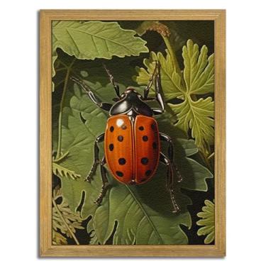 Imagem de Arte de parede de besouro texturizado 3D emoldurado, decoração de parede de inseto joaninha, arenito desenhado à mão, imagens botânicas da natureza vintage, para sala de estar, quarto, escritório