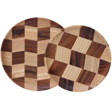 Imagem de LUMINFLY Bandejas decorativas redondas de madeira, pacote com 2, padrão quadriculado com borda elevada, pratos de madeira natural para alimentos