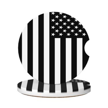 Imagem de KOSUES Porta-copos de cerâmica absorvente preto branco bandeira americana pacote com 2 porta-copos de inserção redonda porta-copos de carro com entalhe de dedo base de cortiça reutilizável porta-copos
