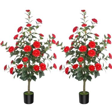 Imagem de HanJoy Pacote com 2 camélias artificiais de 120 cm/3,94 pés com 36 flores vermelhas em vasos de cimento – árvores falsas realistas para varanda, casa, decoração de primavera interna ao ar livre