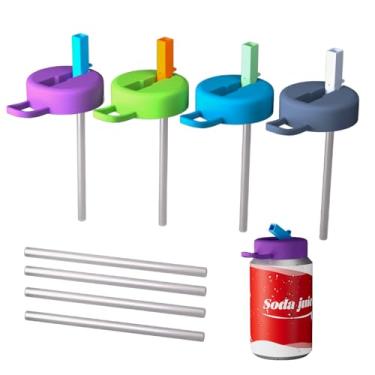 Imagem de Pacote com 4 tampas de canudo de lata de bebida de silicone reutilizáveis com canudo embutido, livre de BPA, à prova de vazamento, ideal para bebidas energéticas, seltzer, suco e mais (cor mista, 4)
