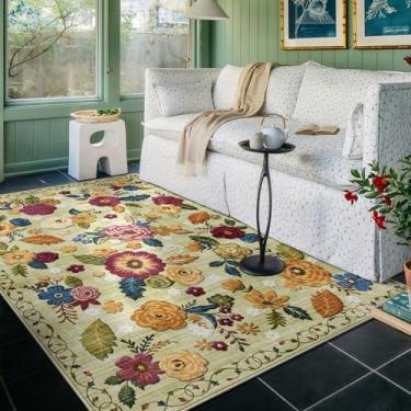 Imagem de GERUIMO Tapete lavável de 10 x 15 cm para sala de estar, verde vintage boho floral, tapete grande antiderrapante de lã sintética macia, adequado para crianças e animais de estimação para quarto, sala