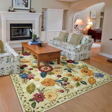 Imagem de GERUIMO Tapete lavável para sala de estar, verde vintage boho floral, grande, antiderrapante, tapete de lã sintética macia, adequado para crianças e animais de estimação, para quarto, sala de jantar