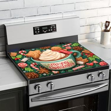 Imagem de BVBOX Capa superior de fogão de Natal para fogão elétrico 71.1 cm x 50.8 cm, capas superiores de fogão de vidro lavável decorativo tapete protetor de fogão para cozinha doméstica (Gingerbread Man