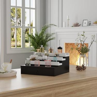 Imagem de Blisse Organizador de colônia/perfume, gaveta de armazenamento de 4 camadas com compartimentos ocultos, estojo de exibição com forro macio (preto com branco)