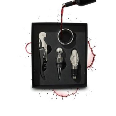 Imagem de Kit Abridor De Vinho 4 Peças Kit Acessorio Conjunto Saca Rolha Abridor De Vinho Anel Salva Gotas Presentes