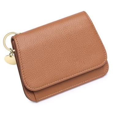Imagem de FREYAMIRA Carteira fina feminina de couro legítimo com bloqueio de RFID, porta-chaves com zíper, bolso para moedas, janela para identidade, Marrom, 4.7" x 3.7" x 1.18", Moderno