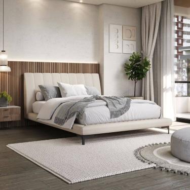 Imagem de Cama Casal com Cabeceira Estofada Linho Moon Bege