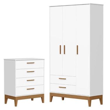 Imagem de Guarda Roupa Infantil Flip 3 Portas Com Cômoda Gaveteiro Infantil Flip Branco Acetinado - Reller