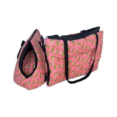 Imagem de Kit Bolsa Pet 2 em 1 Impermeável, Transportadora e Cama para Cachorro, Estampa em Tricoline, Suporta até 10kg, 60x28x33cm (Dino Rosa)