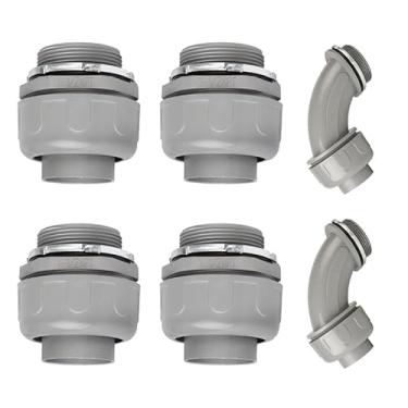 Imagem de HDHAODA Conectores de conduíte, conector apertado líquido de 3,5 cm NPT não metálico para conexões de conduíte flexíveis elétricas de PVC, 4 retos e 2 ângulos de 90 graus, listado na UL, cinza (pacote