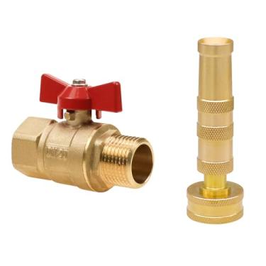 Imagem de Conjunto de válvula de corte de mangueira de jardim de latão 3/4 GHT e bocal de pulverização ajustável – Kit de irrigação e limpeza ao ar livre de alto fluxo