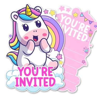 Imagem de QYCFDXD Convites de festa de unicórnio rosa fofo com envelopes, conjunto de 20 convites de unicórnio, três formas, aniversário, festa infantil, convites, suprimentos, lembrancinhas, dupla face