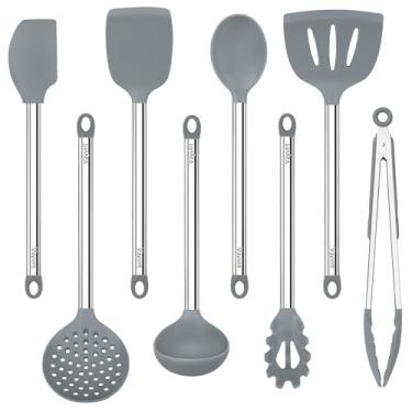 Imagem de Conjunto de 8 utensílios de cozinha, conjunto de espátulas de silicone Vayvnt para cozinhar, utensílios de cozinha de silicone não tóxicos com cabo longo de aço inoxidável, colher e pinça, resistente